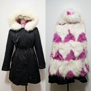 New Real Raccoon Fur-Lined Parka Coat Fox Puffer Jacket Black White Pink No Mink